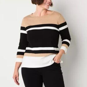Liz Claiborne Womens Medium Striped 3/4 Sleeve Top Black Tan White
